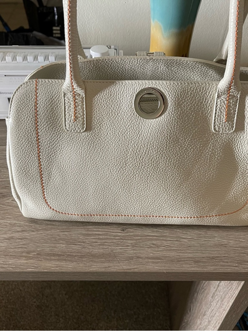 Pebbled Cream Shoulder Bag with Contrast Orange Stitching